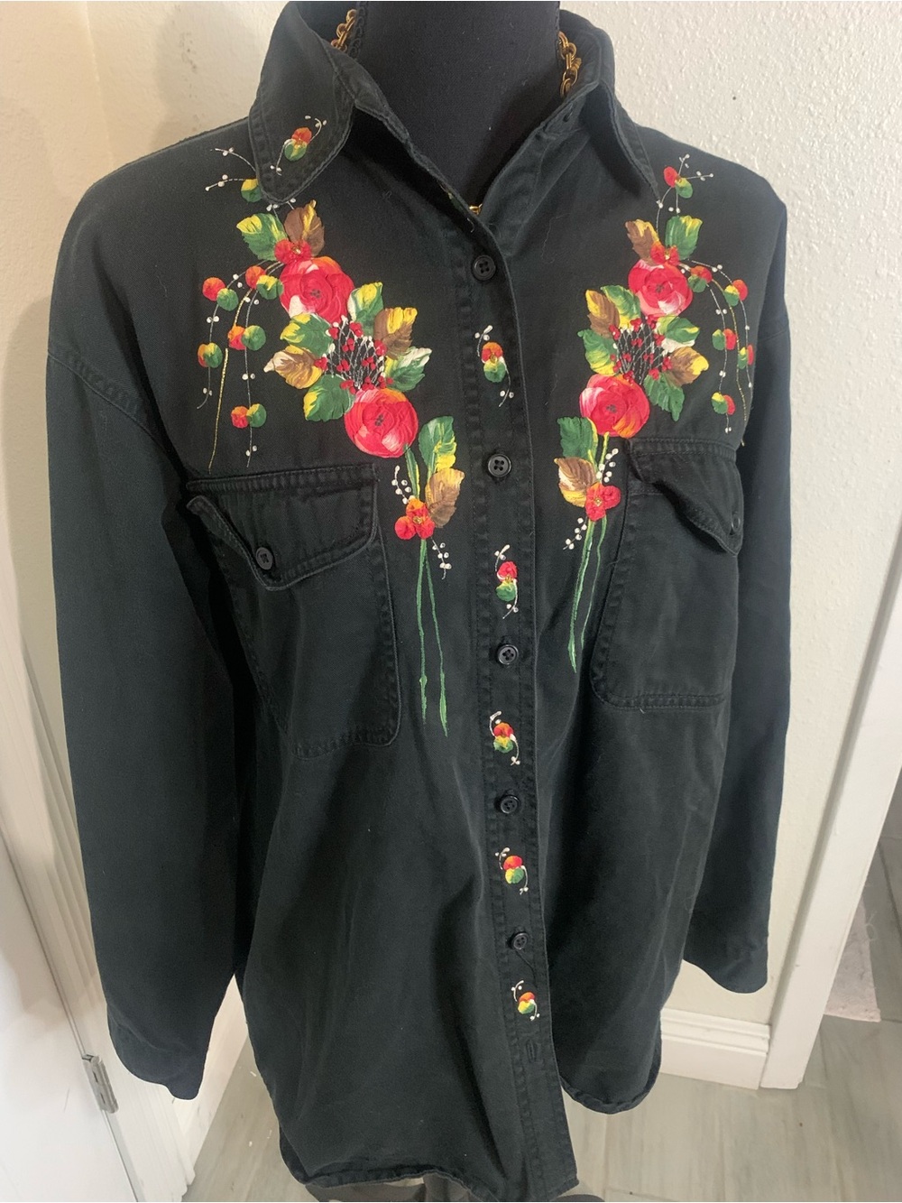LASHA Black Button-Up Shirt with Embroidered Label
